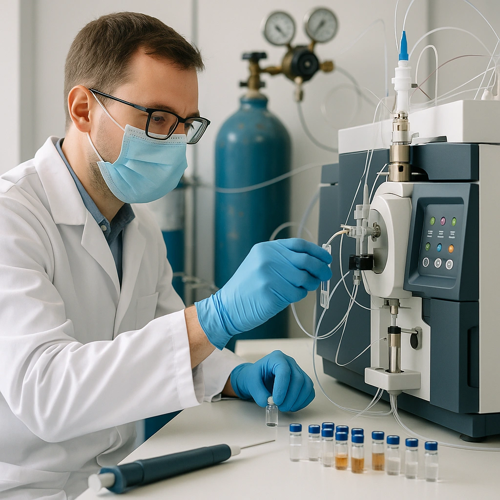 Scientist conducting complex lipidomics analysis using LC-MS instrumentation to investigate lipid subclasses such as sphingolipids and glycerophospholipids.