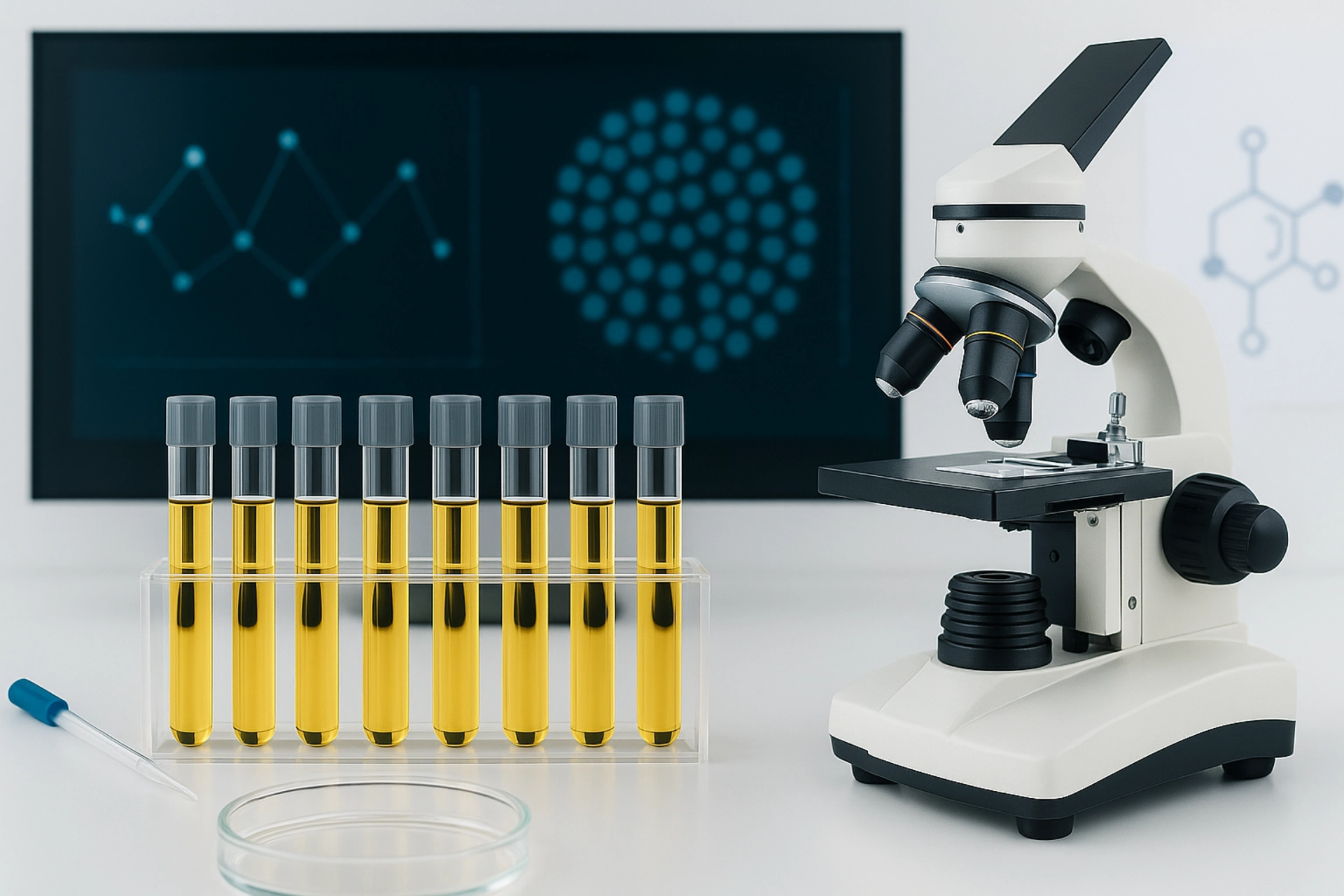 Laboratory setup featuring test tubes with lipid samples and a microscope, representing advanced lipidomics analysis in a clinical research environment.