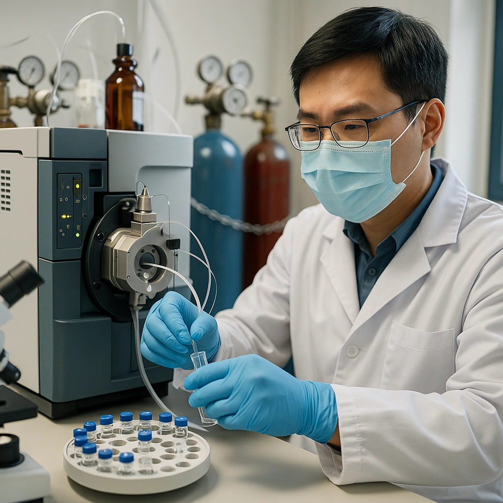 Scientist preparing lipid samples for targeted lipidomics analysis using LC-MS instrumentation in a controlled laboratory environment.
