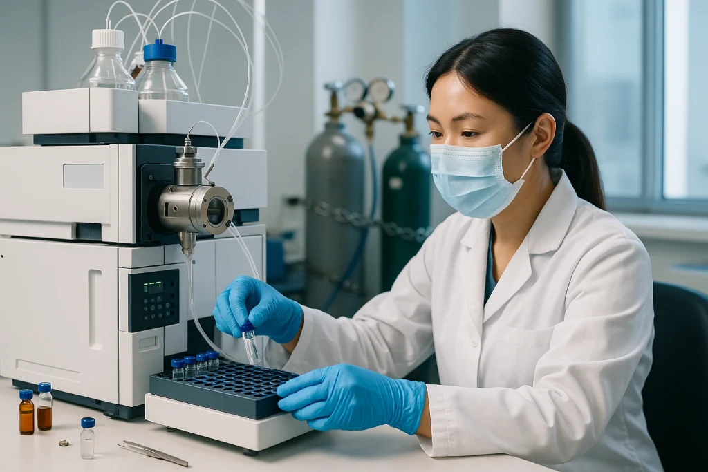 Scientist operating LC-MS system during untargeted lipidomics analysis to identify a wide range of lipid species in exploratory research.